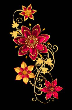 3D render. Altın stilize çiçekler, narin parlak bukleler, desenli öğesi. Dekoratif köşe, desen.