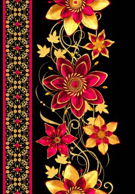 3D render. Altın stilize çiçekler, narin parlak bukleler, desenli öğesi, seamless modeli, çiçek sınır.