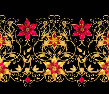 3D render. Altın stilize çiçekler, narin parlak bukleler, desenli öğesi, seamless modeli. Yatay çiçek kenarlık.