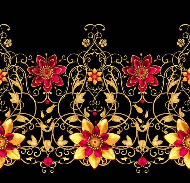 3D render. Altın stilize çiçekler, narin parlak bukleler, desenli öğesi, seamless modeli. Yatay çiçek kenarlık.