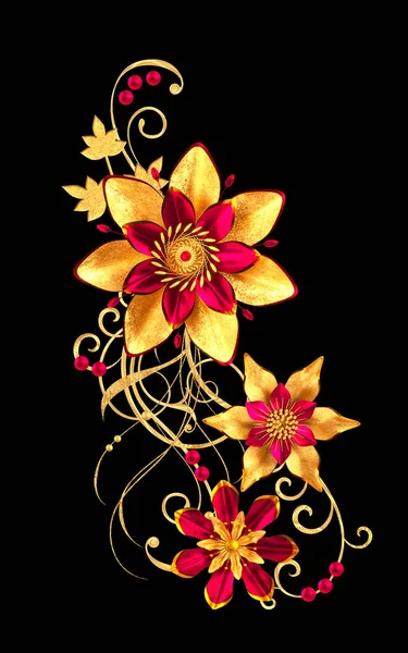 Рендеринг Золотые Стилизованные Цветы Нежные Блестящие Кудри Элемент Пейсли Декоративный — стоковое фото
