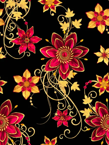 Rendering Golden Stylized Flowers Delicate Shiny Curls Paisley Element Seamless — Stock Photo, Image