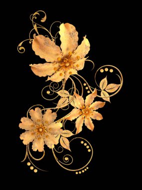 3D render. Altın stilize çiçekler, narin parlak bukleler, desenli öğesi. Dekoratif köşe, desen.