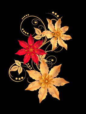 3D render. Altın stilize çiçekler, narin parlak bukleler, desenli öğesi. Dekoratif köşe, desen.