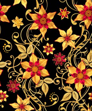 3D render. Seamless modeli. Altın dokulu bukleler. Oryantal tarzı arabesk, stilize çiçekler, narin parlak girdap, arka plan parlayan desenli öğesi.