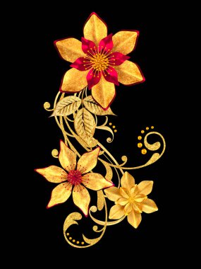 3D render. Altın stilize çiçekler, narin parlak bukleler, desenli öğesi. Dekoratif köşe, desen.