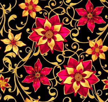 3D render. Seamless modeli. Altın dokulu bukleler. Oryantal tarzı arabesk, stilize çiçekler, narin parlak girdap, arka plan parlayan desenli öğesi.