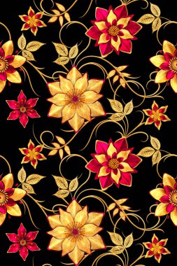 3D render. Seamless modeli. Altın dokulu bukleler. Oryantal tarzı arabesk, stilize çiçekler, narin parlak girdap, arka plan parlayan desenli öğesi.