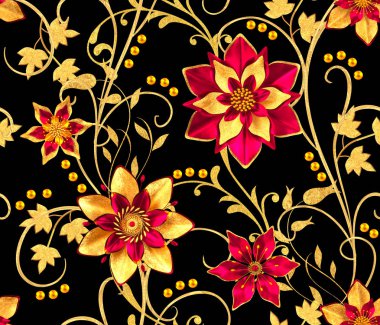 3D render. Seamless modeli. Altın dokulu bukleler. Oryantal tarzı arabesk, stilize çiçekler, narin parlak girdap, arka plan parlayan desenli öğesi.