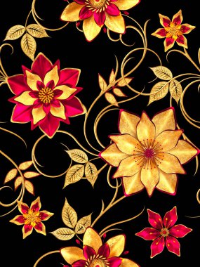 3D render. Seamless modeli. Altın dokulu bukleler. Oryantal tarzı arabesk, stilize çiçekler, narin parlak girdap, arka plan parlayan desenli öğesi.