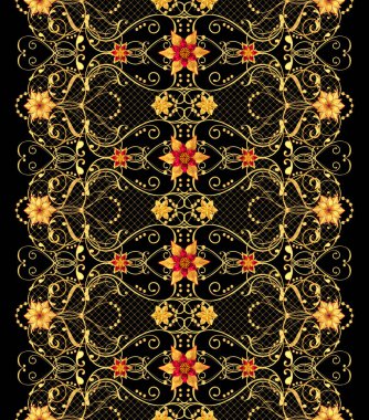 3D render. Seamless modeli. Altın dokulu bukleler. Oryantal tarzı arabesk, stilize çiçekler, narin parlak girdap, arka plan parlayan desenli öğesi.