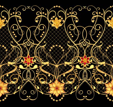 3D render. Seamless modeli. Altın dokulu bukleler. Oryantal tarzı arabesk, stilize çiçekler, narin parlak girdap, arka plan parlayan desenli öğesi.