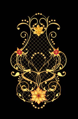 3D render. Altın stilize çiçekler, narin parlak bukleler, desenli öğesi. Dekoratif köşe, desen.