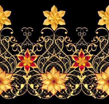 3D render. Seamless modeli. Altın dokulu bukleler. Oryantal tarzı arabesk, stilize çiçekler, narin parlak girdap, arka plan parlayan desenli öğesi.