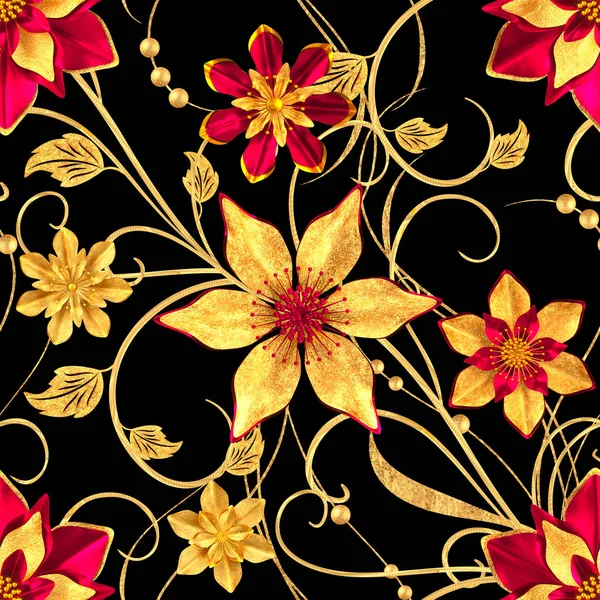 无缝模式 金色质感的卷发 东方风格的花纹 风格化的花朵 细腻闪亮的漩涡 佩斯利元素 闪亮的背景 — 图库照片