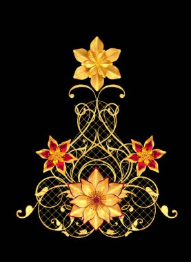 3D render. Altın stilize çiçekler, narin parlak bukleler, desenli öğesi. Dekoratif köşe, desen.