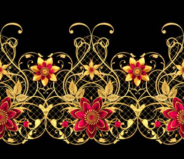 3D render. Seamless modeli. Altın dokulu bukleler. Oryantal tarzı arabesk, stilize çiçekler, narin parlak girdap, arka plan parlayan desenli öğesi.