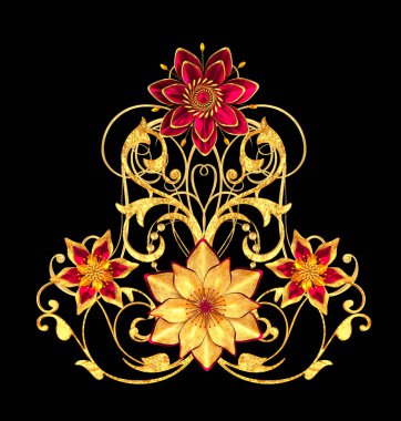 3D render. Altın stilize çiçekler, narin parlak bukleler, desenli öğesi. Dekoratif köşe, desen.