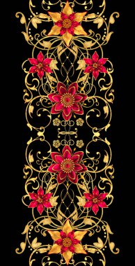 3D render. Altın stilize çiçekler, narin parlak bukleler, desenli öğesi, seamless modeli.