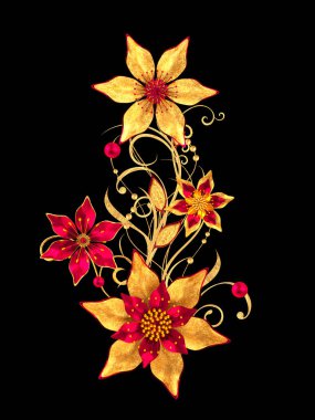 3D render. Altın stilize çiçekler, narin parlak bukleler, desenli öğesi. Dekoratif köşe, desen.