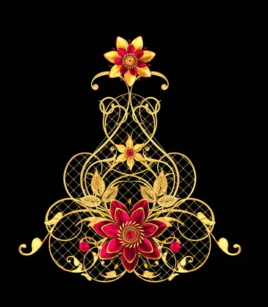 Renderização Flores Estilizadas Douradas Cachos Brilhantes Delicados Elemento Paisley Canto — Fotografia de Stock