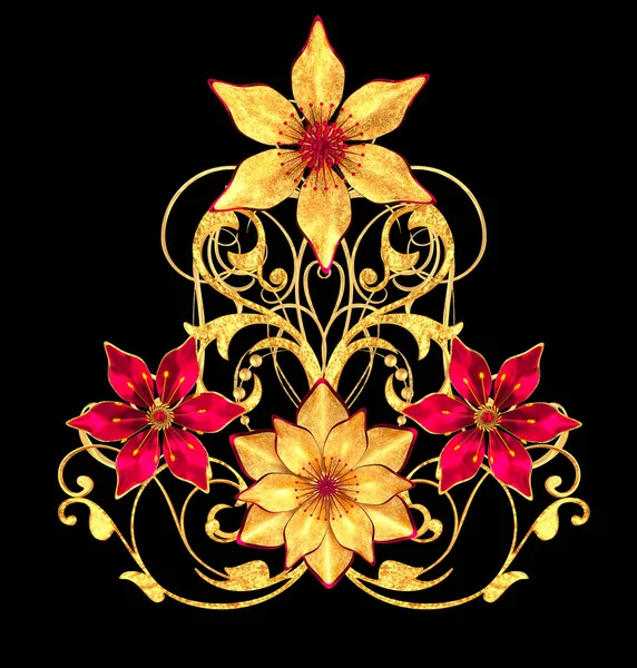 Rendering Χρυσό Τυποποιημένο Λουλούδια Λεπτή Λαμπερά Μπούκλες Λαχούρ Σχέδιο Στοιχείο — Φωτογραφία Αρχείου