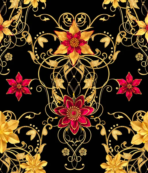 Rendering Golden Stiliserede Blomster Sarte Skinnende Krøller Paisley Element Sømløse - Stock-foto