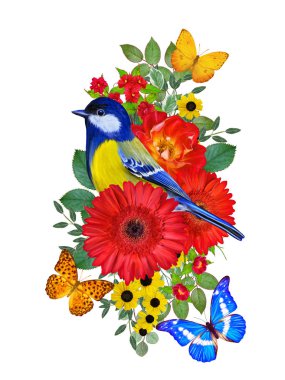 Memeler kuş parlak kırmızı gerbera çiçekleri, sarı gül, yeşil yaprakları, güzel kelebekler bir kolu üzerinde oturur. Beyaz arka plan üzerinde izole. Çiçek kompozisyon.