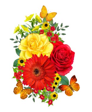 Çiçek kompozisyon. Bir buket Kırmızı gerbera, küçük çiçek, gül, parlak yeşil yaprakları, güzel turuncu kelebekler. Beyaz arka plan üzerinde izole.