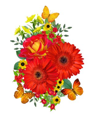 Çiçek kompozisyon. Bir buket Kırmızı gerbera, küçük çiçek, gül, parlak yeşil yaprakları, güzel turuncu kelebekler. Beyaz arka plan üzerinde izole.