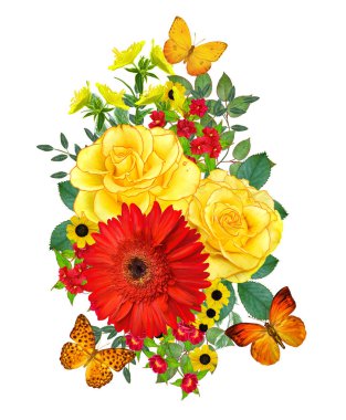 Çiçek kompozisyon. Bir buket Kırmızı gerbera, küçük çiçek, gül, parlak yeşil yaprakları, güzel turuncu kelebekler. Beyaz arka plan üzerinde izole.
