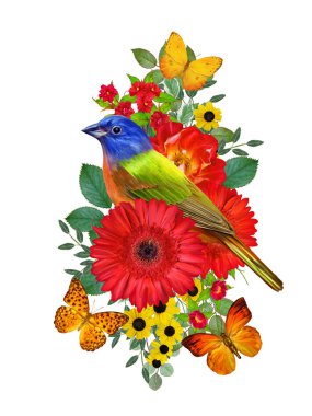 Memeler kuş parlak kırmızı gerbera çiçekleri, sarı gül, yeşil yaprakları, güzel kelebekler bir kolu üzerinde oturur. Beyaz arka plan üzerinde izole. Çiçek kompozisyon.