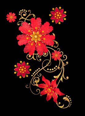 3D render. Altın stilize çiçekler, narin parlak bukleler, desenli öğesi. Dekoratif köşe, desen. Beyaz arka plan üzerinde izole.