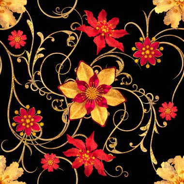 3D render. Seamless modeli. Altın dokulu bukleler. Oryantal tarzı arabesk, stilize çiçekler, narin parlak girdap, arka plan parlayan desenli öğesi.