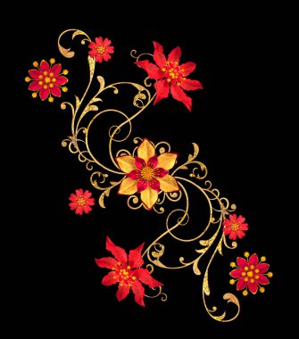 3D render. Altın stilize çiçekler, narin parlak bukleler, desenli öğesi. Dekoratif köşe, desen. Beyaz arka plan üzerinde izole.