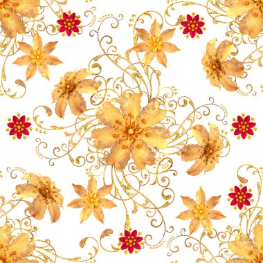 3D render. Seamless modeli. Altın dokulu bukleler. Oryantal tarzı arabesk, stilize çiçekler, narin parlak girdap, arka plan parlayan desenli öğesi.