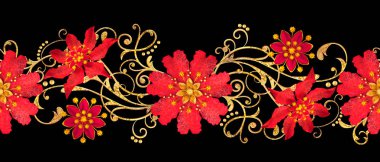 3D render. Seamless modeli. Altın dokulu bukleler. Oryantal tarzı arabesk, stilize çiçekler, narin parlak girdap, arka plan parlayan desenli öğesi.