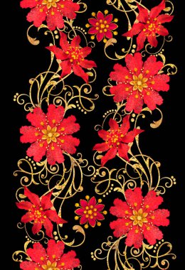 3D render. Seamless modeli. Altın dokulu bukleler. Oryantal tarzı arabesk, stilize çiçekler, narin parlak girdap, arka plan parlayan desenli öğesi.