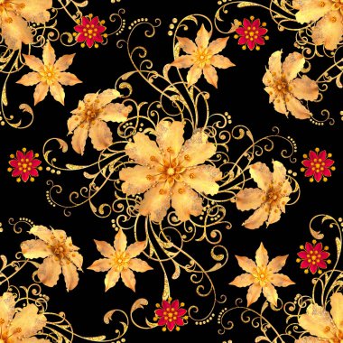 3D render. Seamless modeli. Altın dokulu bukleler. Oryantal tarzı arabesk, stilize çiçekler, narin parlak girdap, arka plan parlayan desenli öğesi.