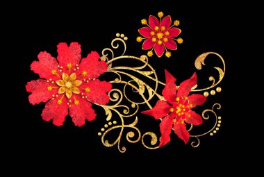 3D render. Altın stilize çiçekler, narin parlak bukleler, desenli öğesi. Dekoratif köşe, desen. Siyah bir arka plan üzerinde izole.