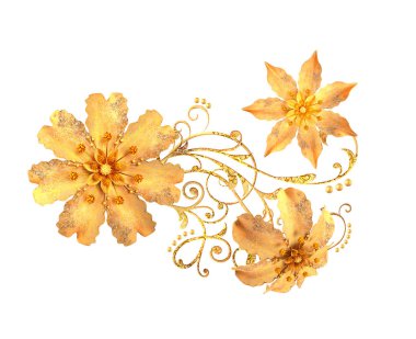 3D render. Altın stilize çiçekler, narin parlak bukleler, desenli öğesi. Dekoratif köşe, desen. Beyaz arka plan üzerinde izole.