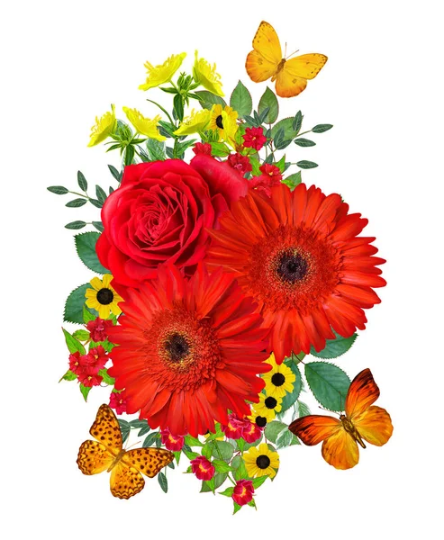 Composition Des Fleurs Bouquet Gerberas Rouges Rose Petites Fleurs Lumineuses — Photo