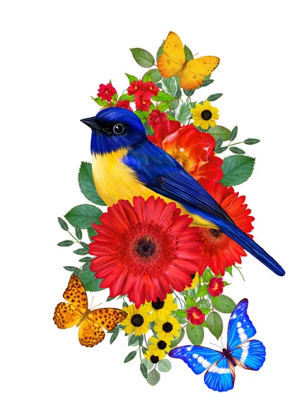 Tit Bird Sits Branch Bright Red Gerberas Flowers Yellow Roses — Φωτογραφία Αρχείου