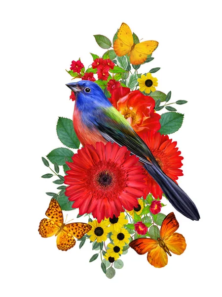 Tit Bird Sits Branch Bright Red Gerberas Flowers Yellow Roses — Φωτογραφία Αρχείου