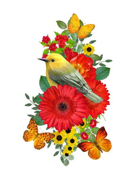 Tit Bird Sits Branch Bright Red Gerberas Flowers Yellow Roses — Zdjęcie stockowe