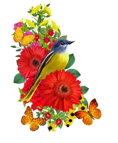 Pájaro Tit Sienta Una Rama Gerberas Color Rojo Brillante Flores —  Fotos de Stock