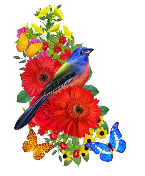 Tit Bird Sits Branch Bright Red Gerberas Flowers Yellow Roses — Φωτογραφία Αρχείου