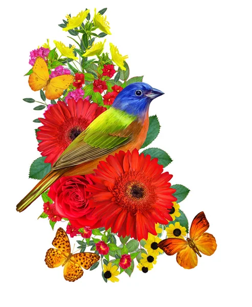 Tit Bird Sits Branch Bright Red Gerberas Flowers Yellow Roses — Stockfoto