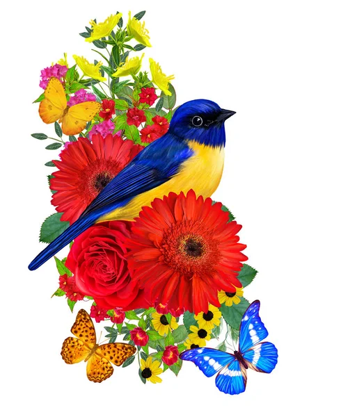 Tit Bird Sits Branch Bright Red Gerberas Flowers Yellow Roses — Φωτογραφία Αρχείου