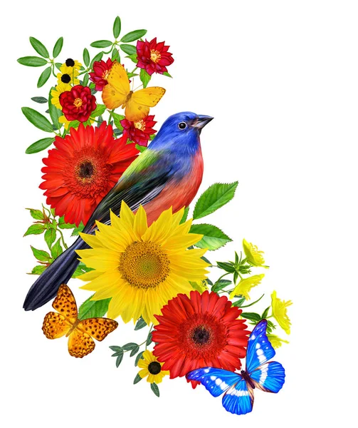 Tit Bird Sits Branch Bright Red Gerberas Flowers Yellow Roses — Zdjęcie stockowe